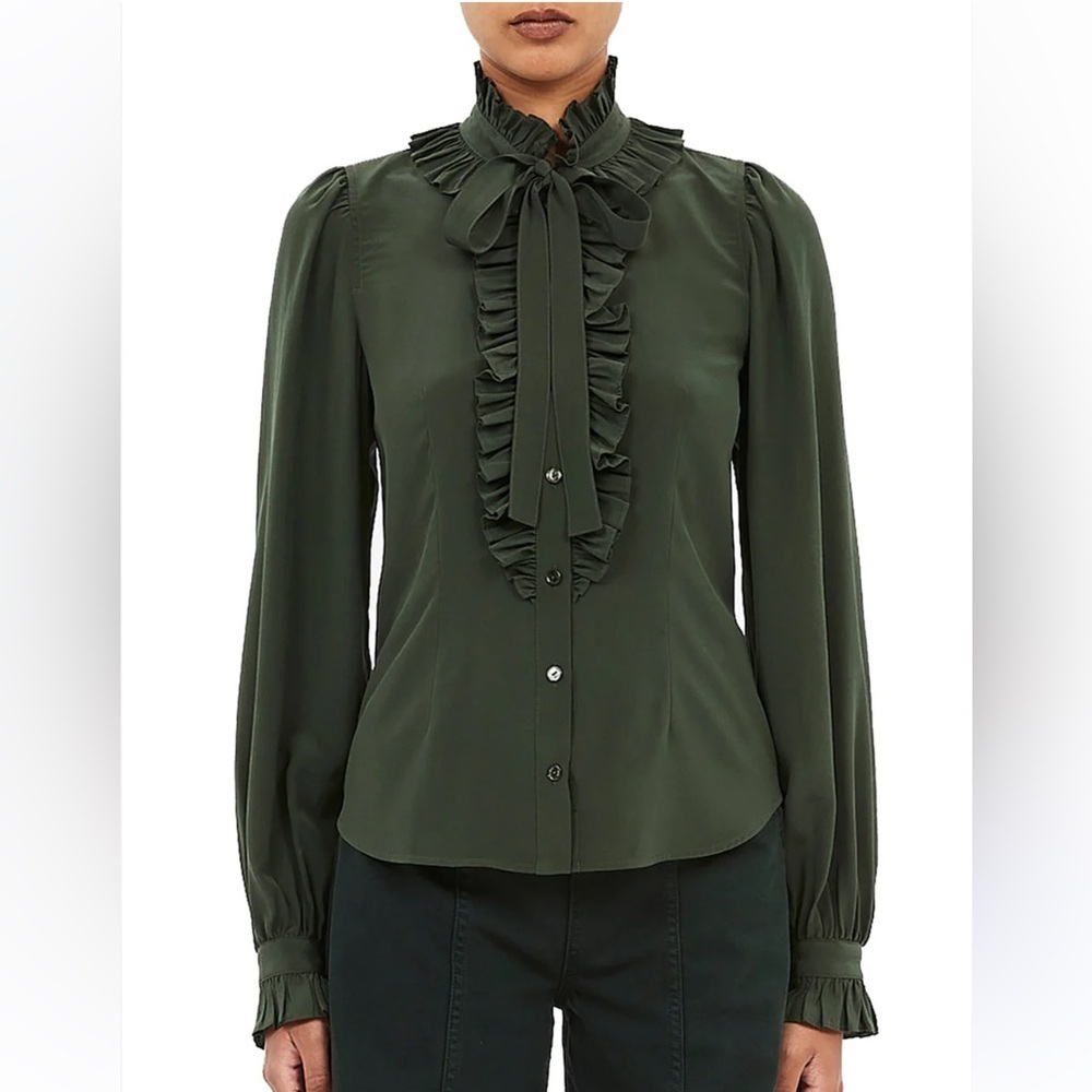 Ulla Johnson NWOT Catroux Silk Long Sleeve Ruffle Tie Neck Blouse in Cypress 8